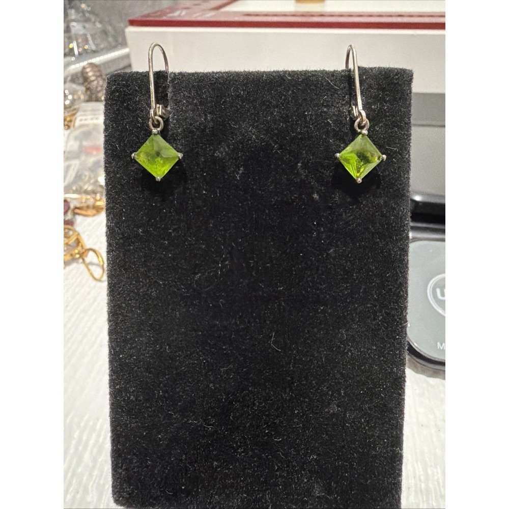 Vintage Sterling Silver 925 Simulated Peridot Stone Drop Earrings